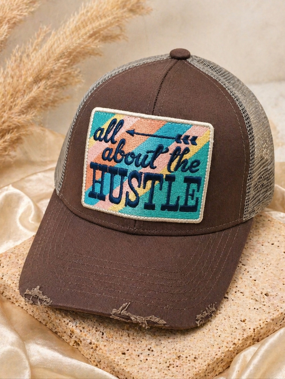 All About the Hustle Distressed Trucker Hat Brown Mesh Cap